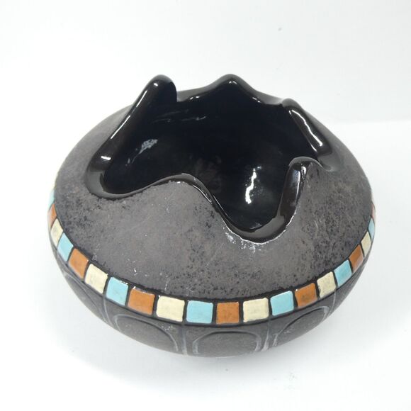 Black Ceramic Bowl Pot w/Blue Squares Geometric Signed Vtg MCM Blackware Native? - Picture 6 of 16